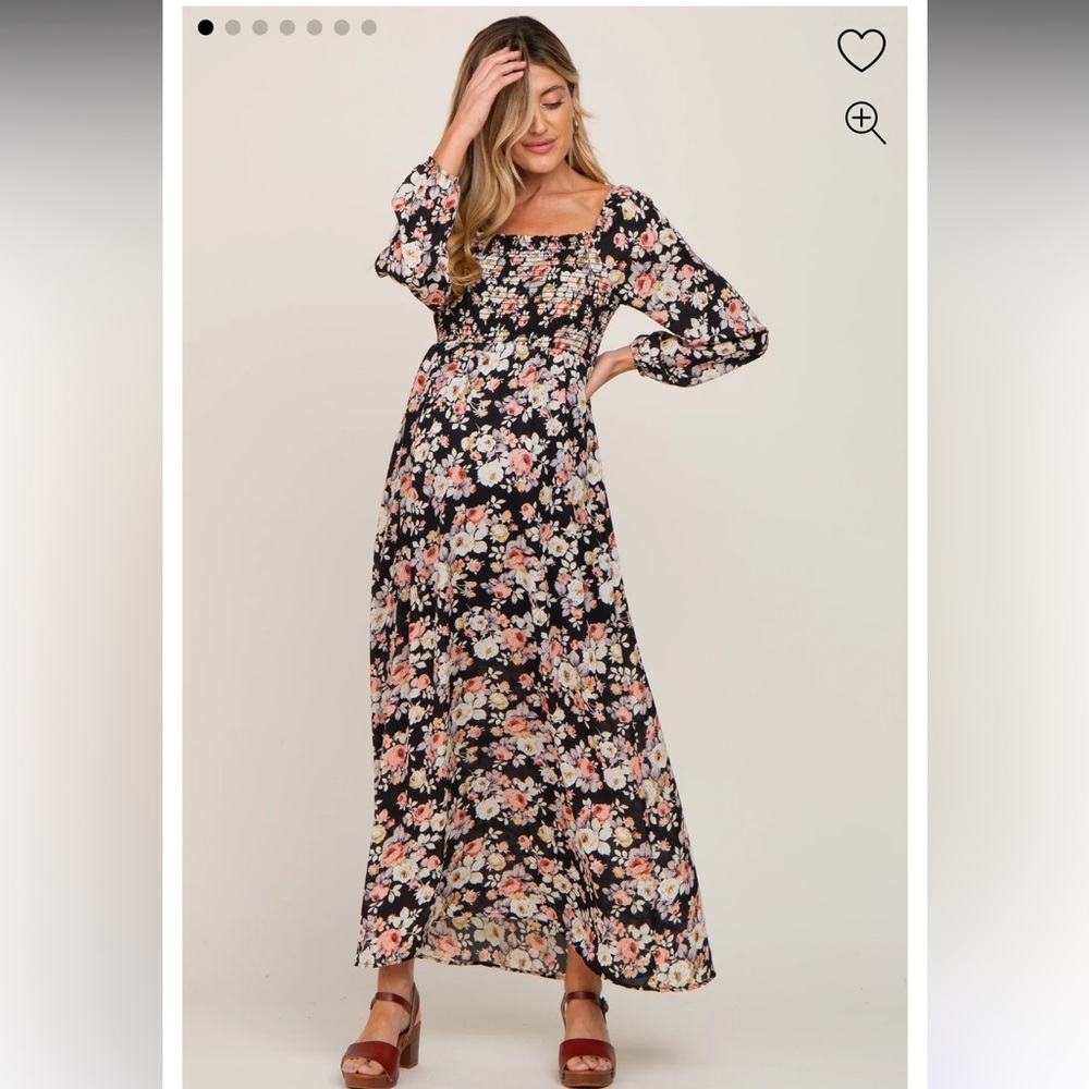 Pink Blush Maternity Black Floral Smocked Midi Dress